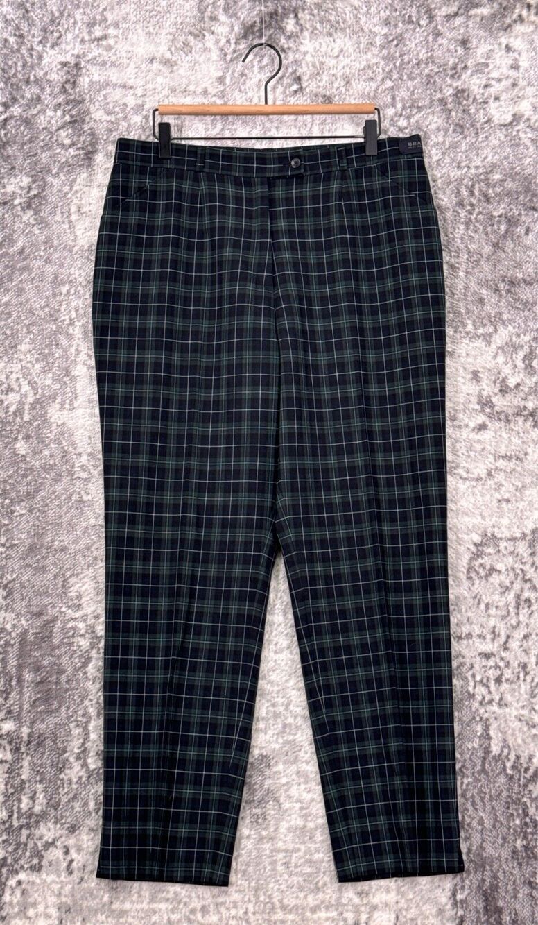 BRAX Pants 16 Short Womens Green Plaid Stretch Wool Tapered Leg Trouser
